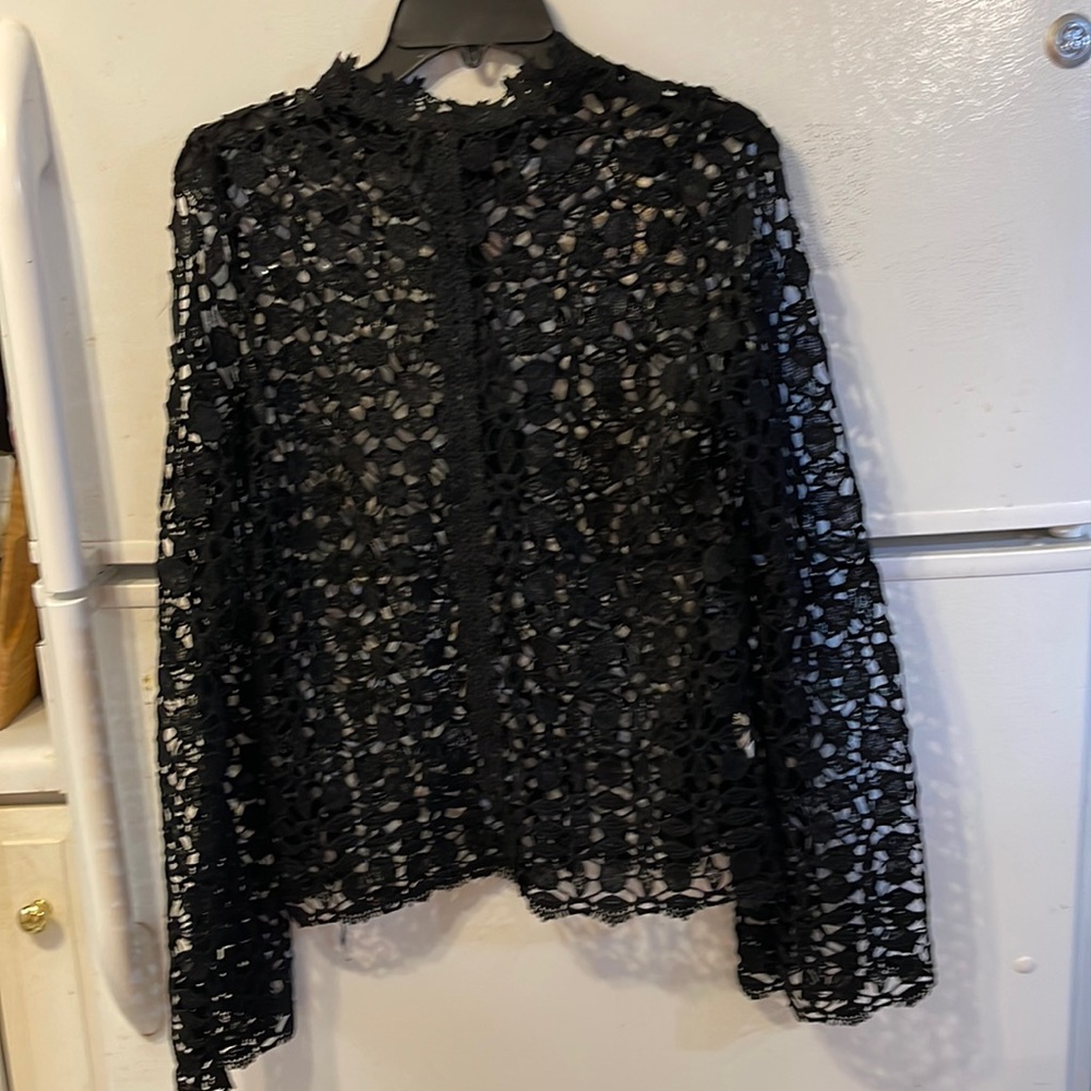 Daniel Black Open Work/Lace like Top Zipper Back LS Poly